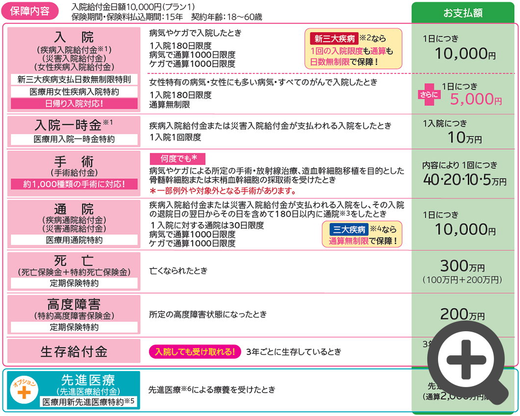 「女性のための医療保険　フェミニーヌ」の保障内容