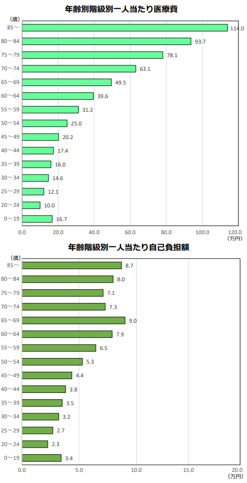年齢別階級別一人当たり医療費／年齢階級別一人当たり自己負担額
